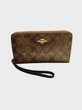 COACH large phone zip around wallet signature canvas wristlet brown black EUC
